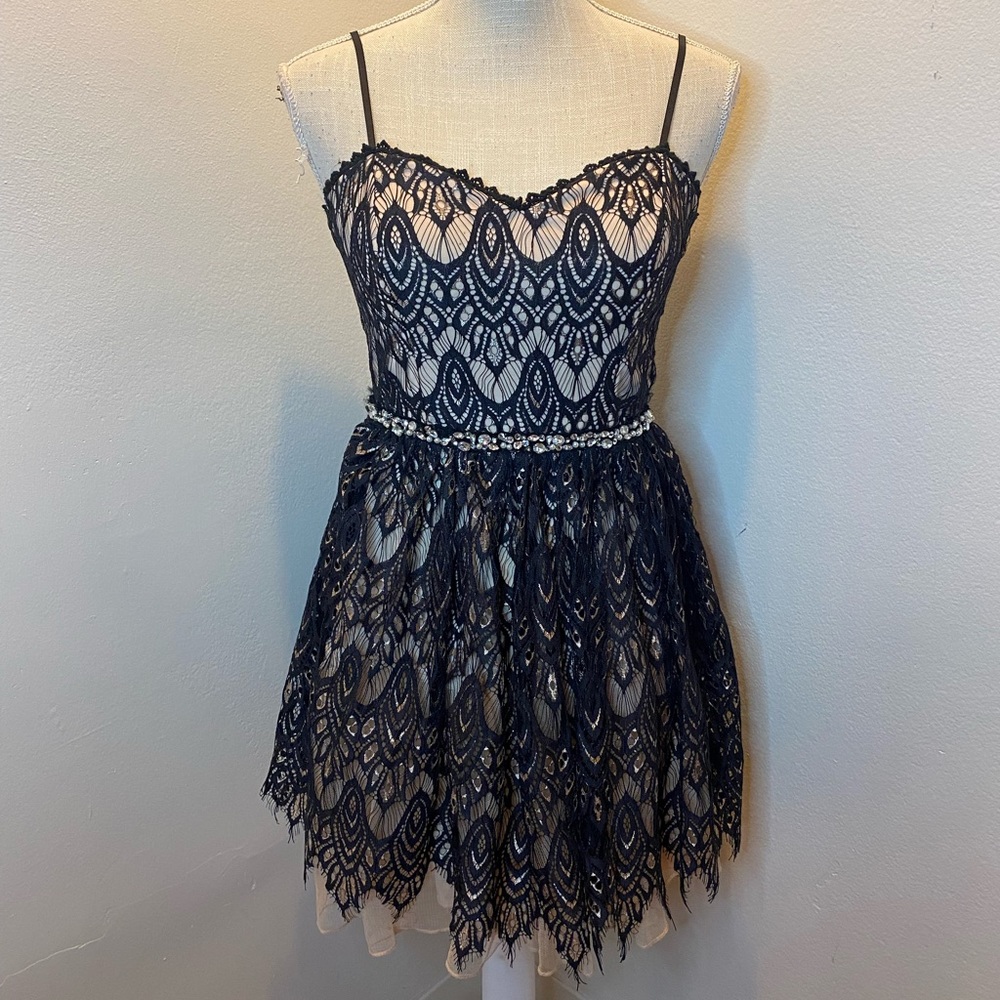 Jodi Kristopher Black/Tan Lace Overlay Special Occasion Dress
